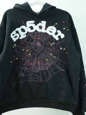 Black Graphic Spiderweb Crewneck Sweatshirt with Multicolor Star Accents